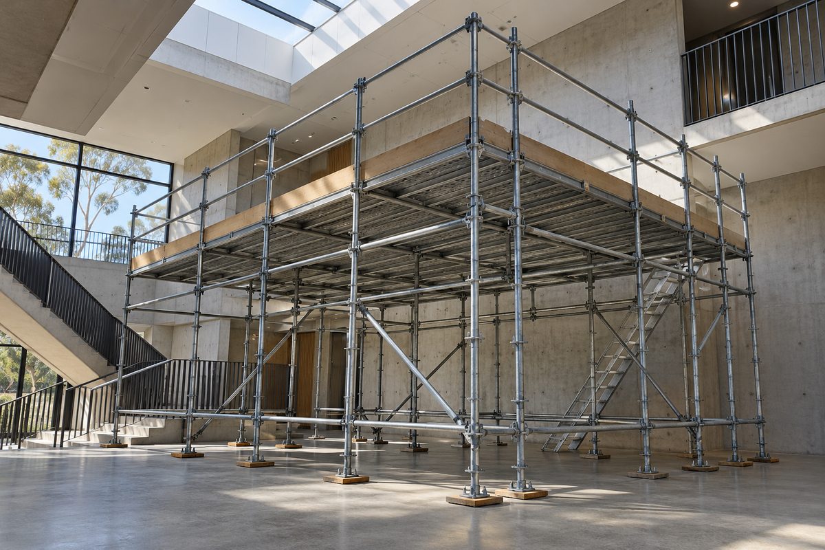 A birdcage scaffold inside an open stairwell or atrium, with more than two rows of standards in each direction, a full working deck at the top, concrete walls and a skylight.