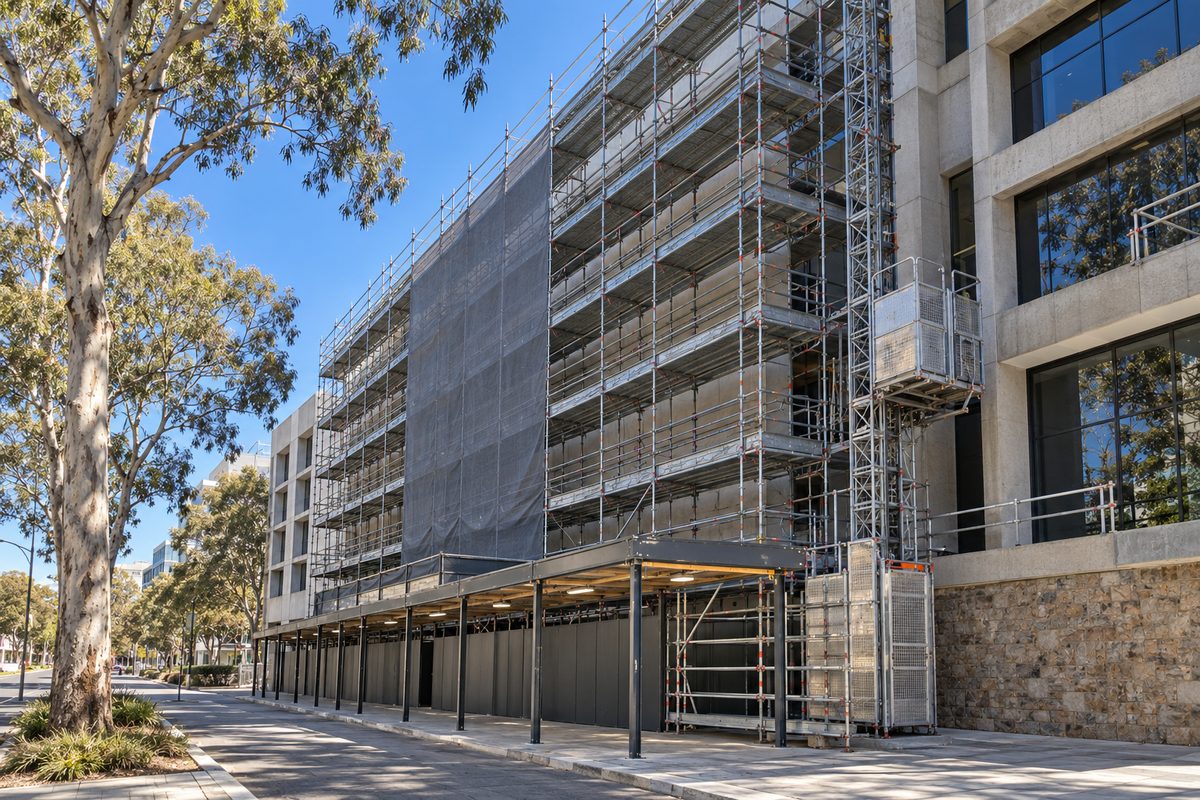A mid-rise concrete and glass building with a tall steel scaffold up one facade, grey mesh on part of it, a hoist tower at the corner and a covered gantry over the footpath, with street gum trees in front.