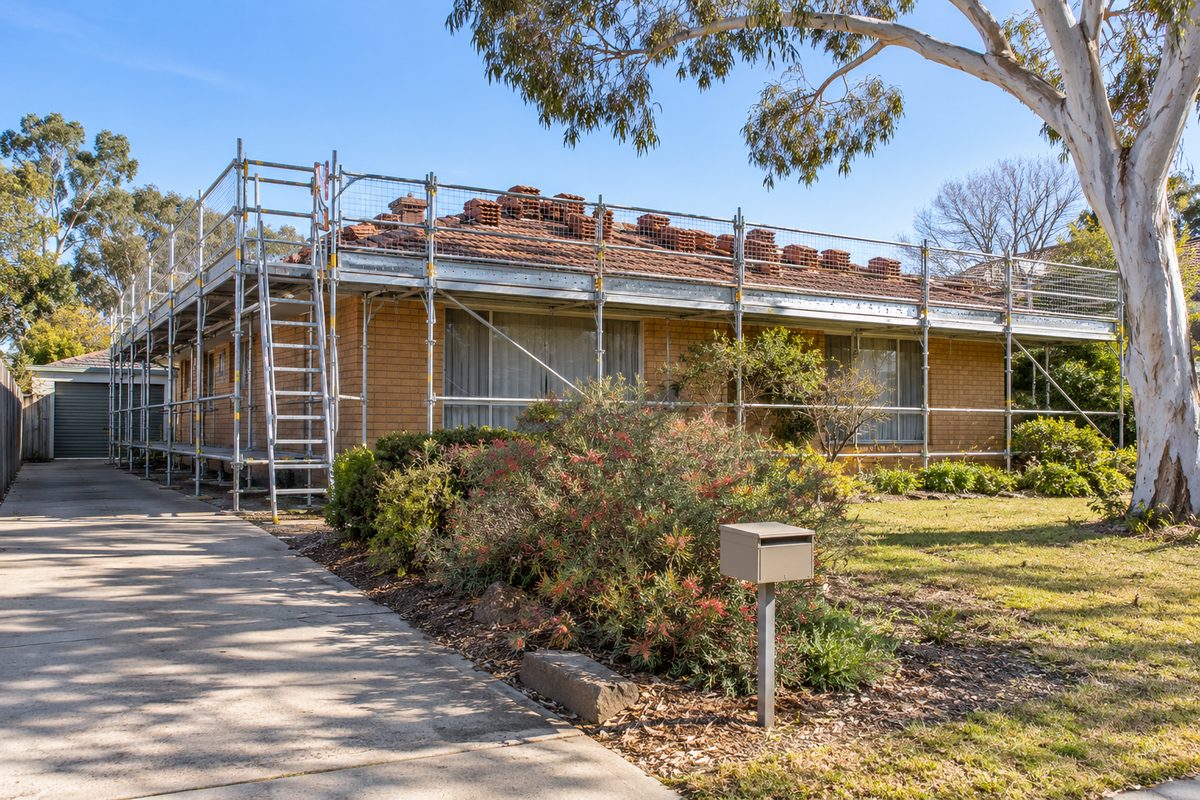 A single storey 1970s brick veneer house in a Canberra suburb with a two lift scaffold along the front and side, a ladder bay and roof edge protection at the gutter, old terracotta tiles stacked on the roof and a ghost gum beside the mailbox.